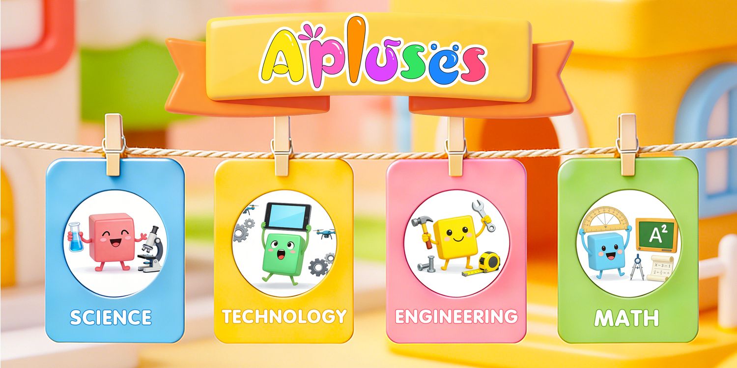 Apluses cube friends holding science, technology, engineering and math cards