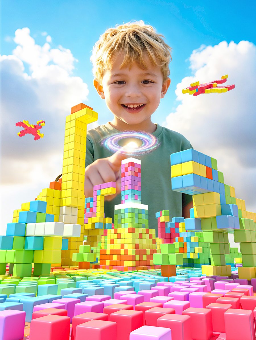 Boy building a tall magnetic cube tower
